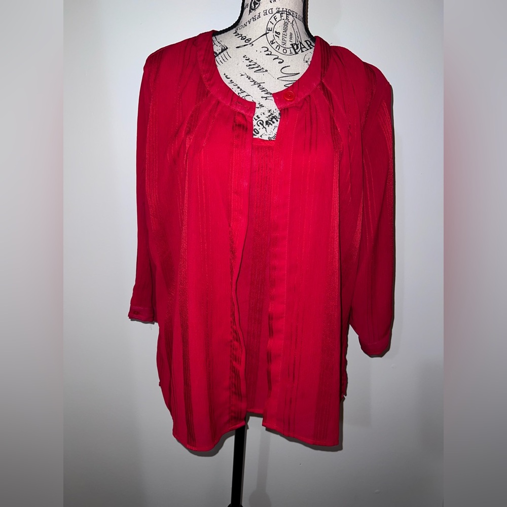 Joanna VTG Red Textured Blouse 3/4 Sleeve Lightweight Size XL